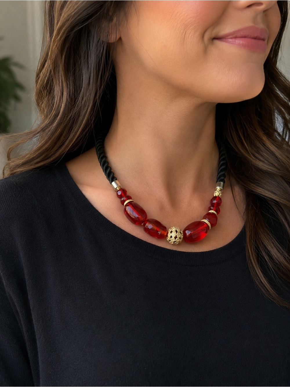 Unbranded Red Crystal Statement Necklace with Rhinestone Accent
